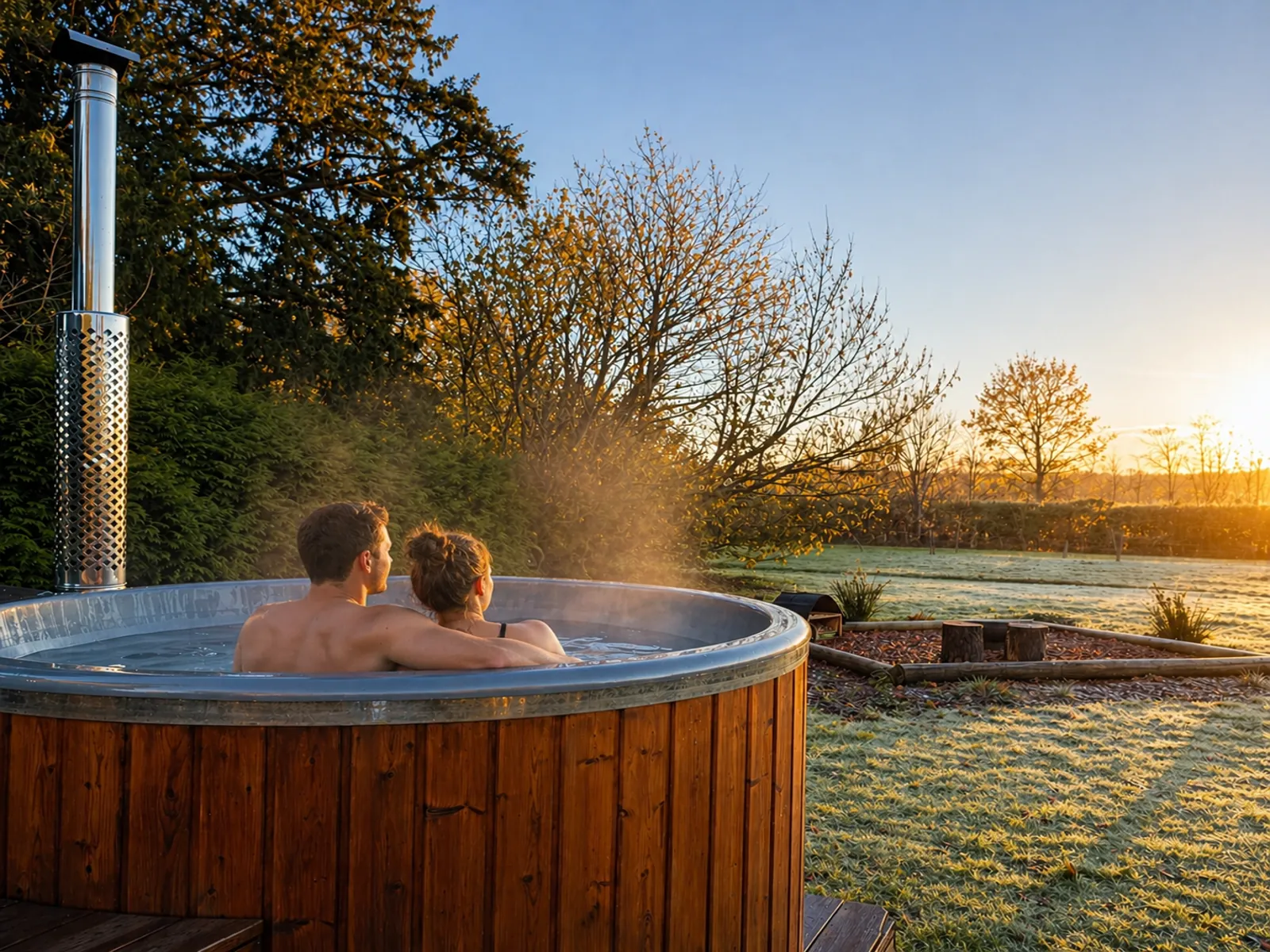 Un espace extérieur avec un jacuzzi et une table, idéal pour des moments de détente en plein air.