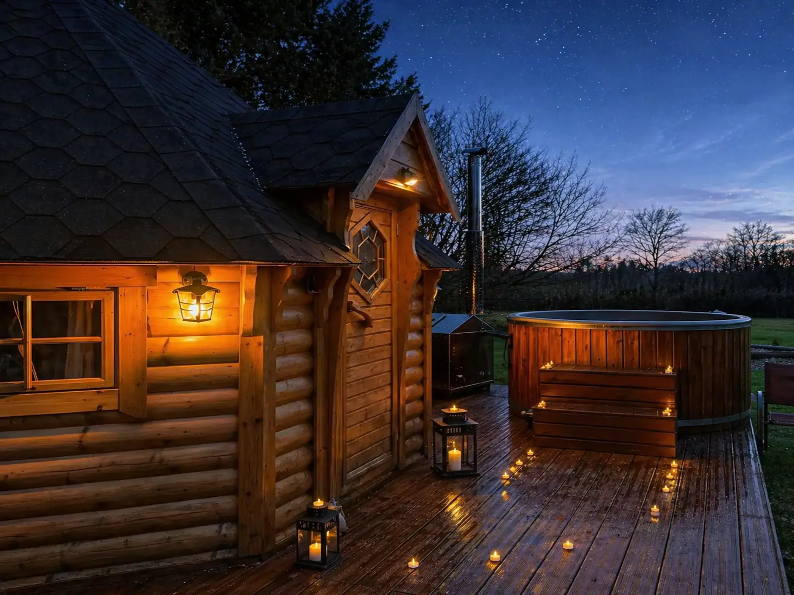 Un espace extérieur avec un jacuzzi et une table, idéal pour des moments de détente en plein air.